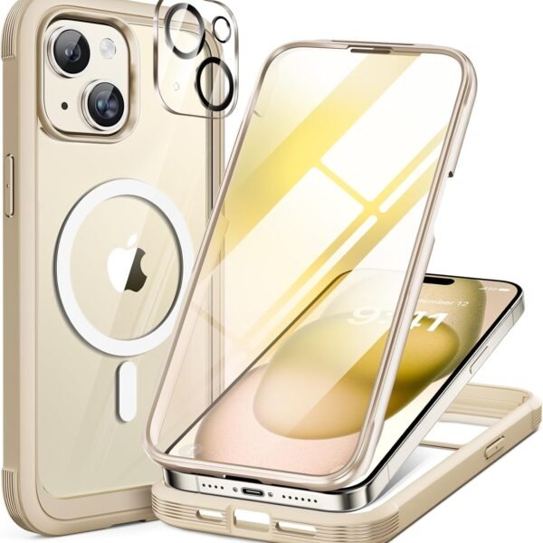 iPhone 15 360° Protection Case [ALMOND YELLOW] : Front Screen + Back Cover + Camera Protector