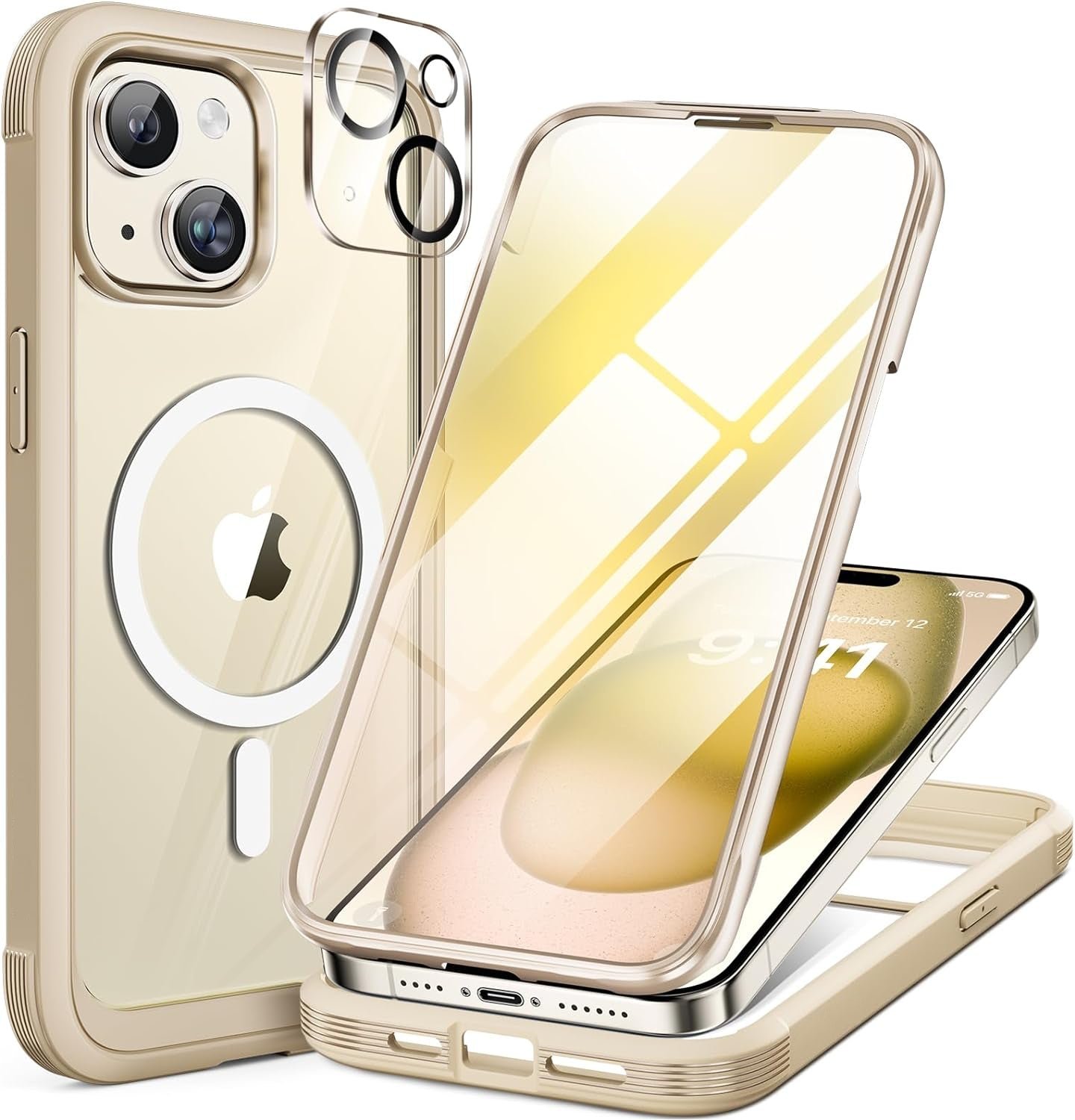 iPhone 15 360° Protection Case [ALMOND YELLOW] : Front Screen + Back Cover + Camera Protector
