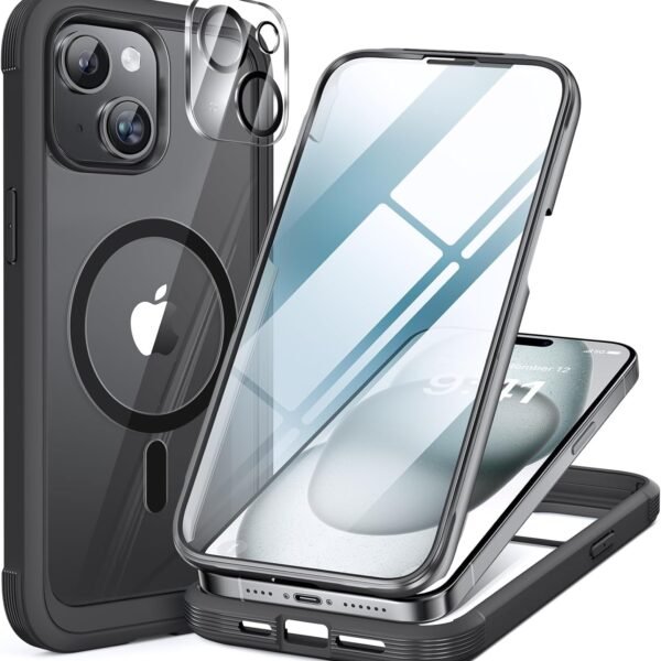 iPhone 15 360° Protection Case [BLACK] : Front Screen + Back Cover + Camera Protector