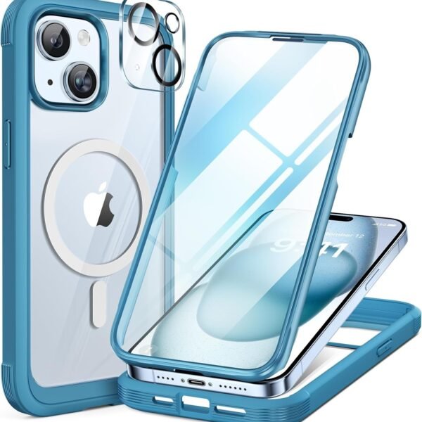 iPhone 15 360° Protection Case [BLUE] : Front Screen + Back Cover + Camera Protector