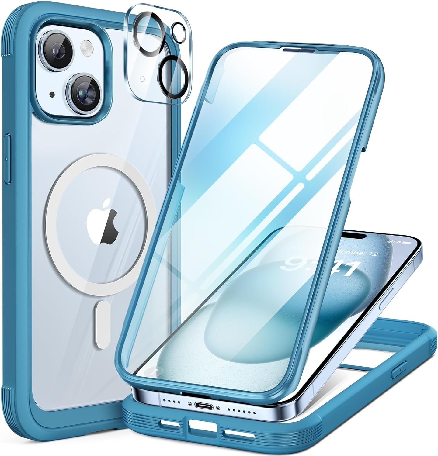 iPhone 15 360° Protection Case [BLUE] : Front Screen + Back Cover + Camera Protector