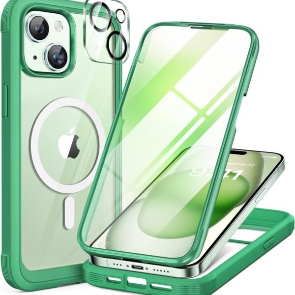 iPhone 15 360° Protection Case [GREEN] : Front Screen + Back Cover + Camera Protector