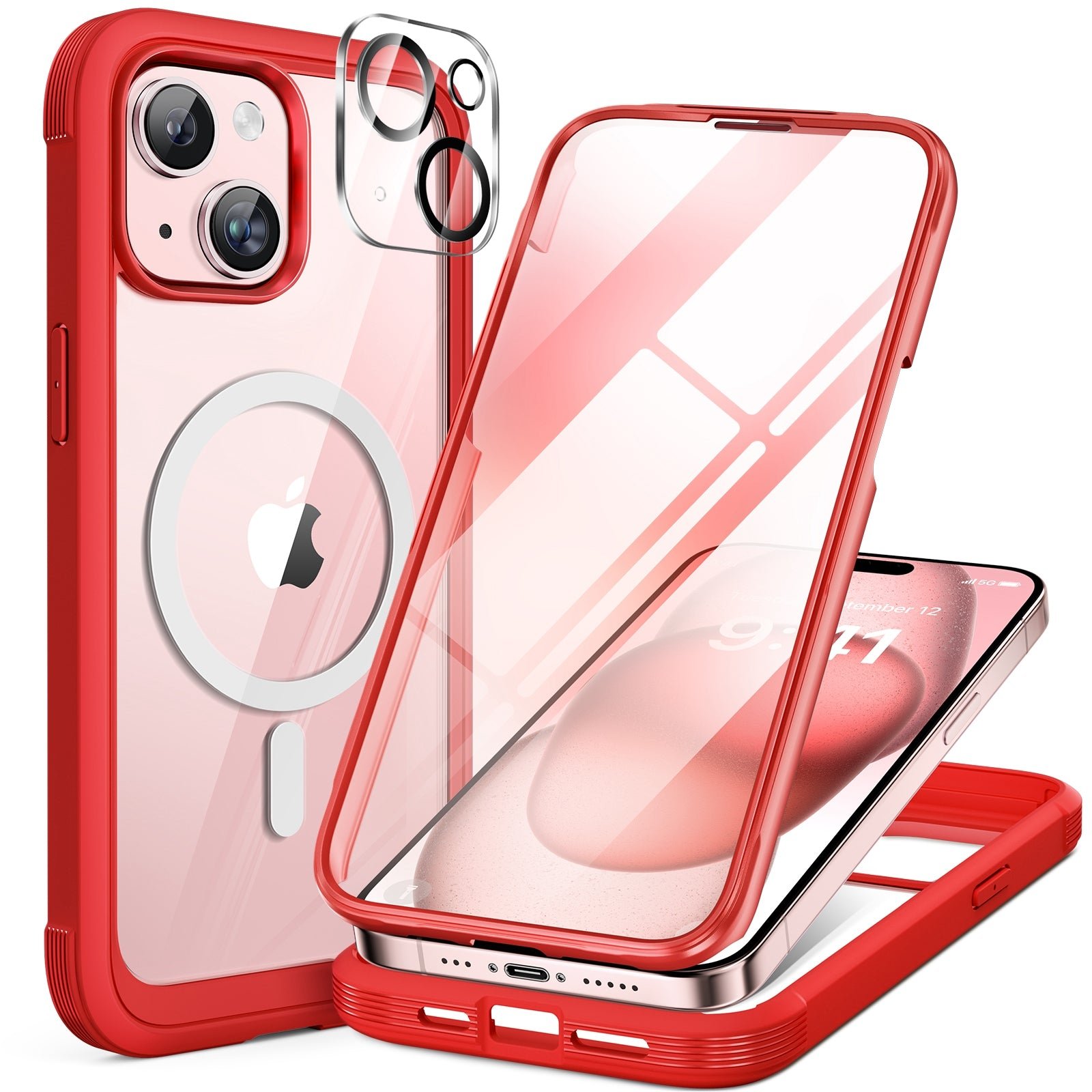 iPhone 15 360° Protection Case [RED] : Front Screen + Back Cover + Camera Protector