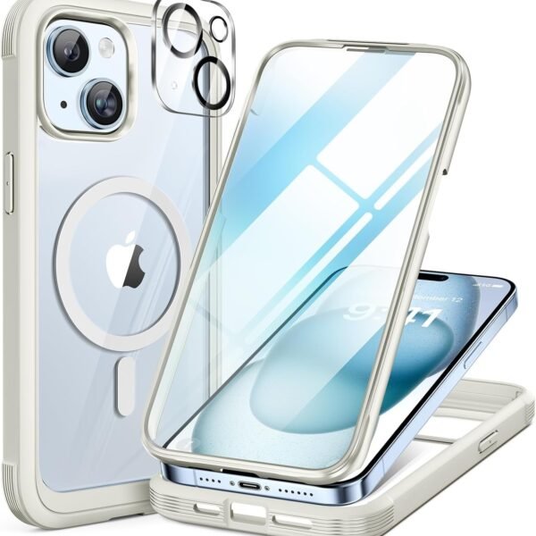 iPhone 15 360° Protection Case [WHITE] : Front Screen + Back Cover + Camera Protector