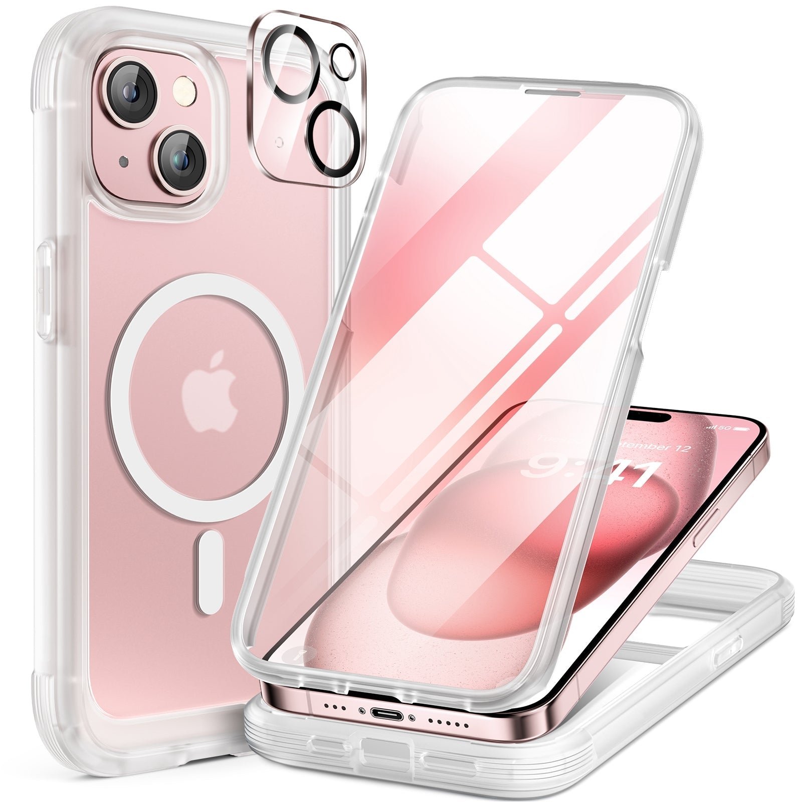 iPhone 15 Plus 360° Protection Case [MATTE CLEAR] : Front Screen + Back Cover + Camera Protector