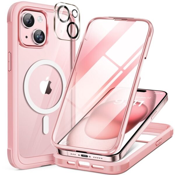 iPhone 15 Plus 360° Protection Case [PINK] : Front Screen + Back Cover + Camera Protector