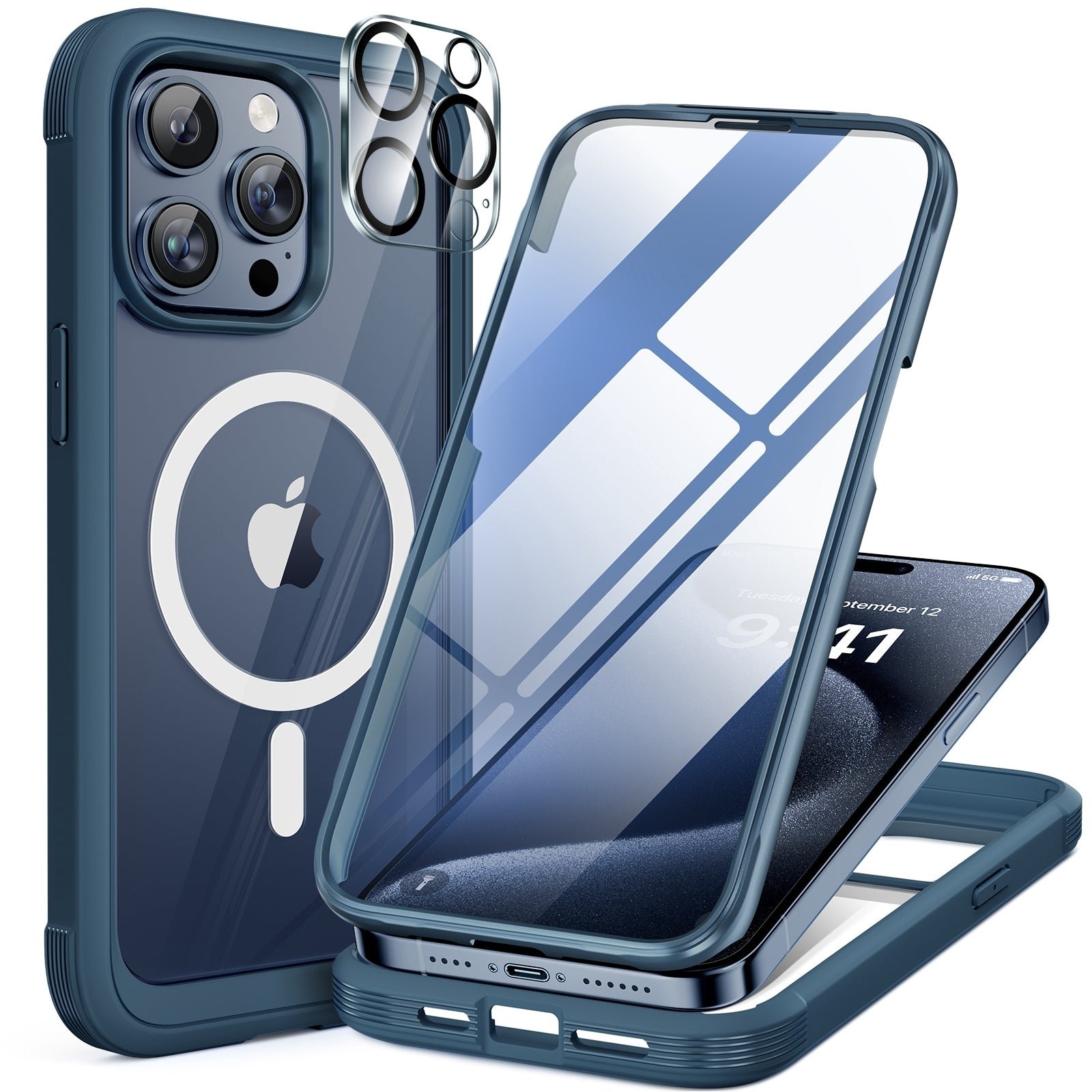 iPhone 15 Pro 360° Protection Case [BLUE] : Front Screen + Back Cover + Camera Protector