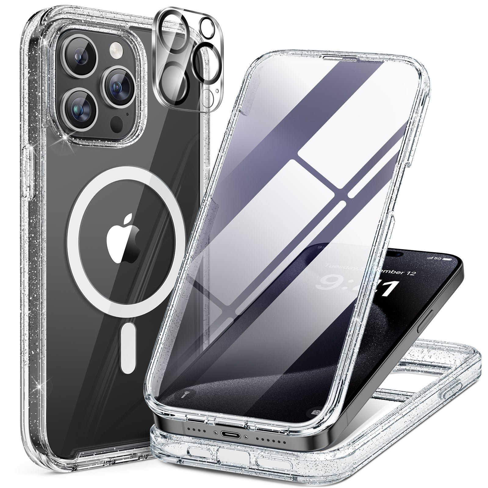 iPhone 15 Pro 360° Protection Case [GLITTER] : Front Screen + Back Cover + Camera Protector