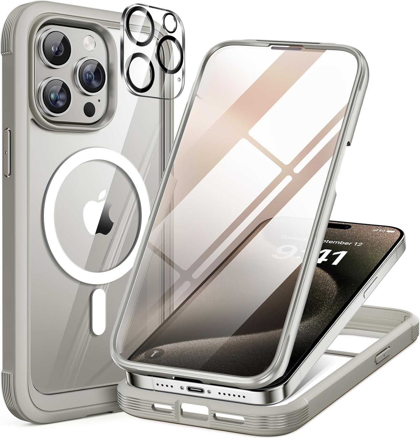 iPhone 15 Pro 360° Protection Case [GREY] : Front Screen + Back Cover + Camera Protector