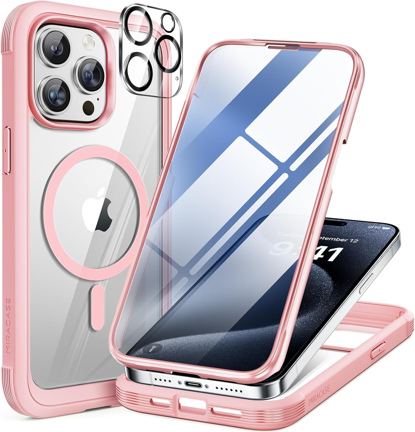 iPhone 15 Pro 360° Protection Case [PINK] : Front Screen + Back Cover + Camera Protector