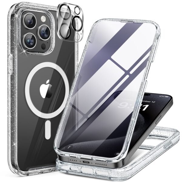 IPhone 15 Pro Max 360° Protection Case [GLITTER] : Front Screen + Back Cover + Camera Protector