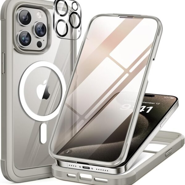 iPhone 15 Pro Max 360° Protection Case [GREY] : Front Screen + Back Cover + Camera Protector