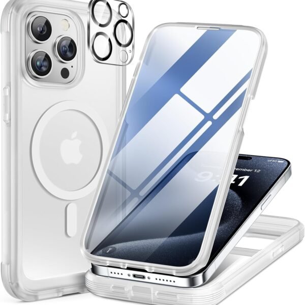 iPhone 15 Pro Max 360° Protection Case [MATTE CLEAR] : Front Screen + Back Cover + Camera Protector