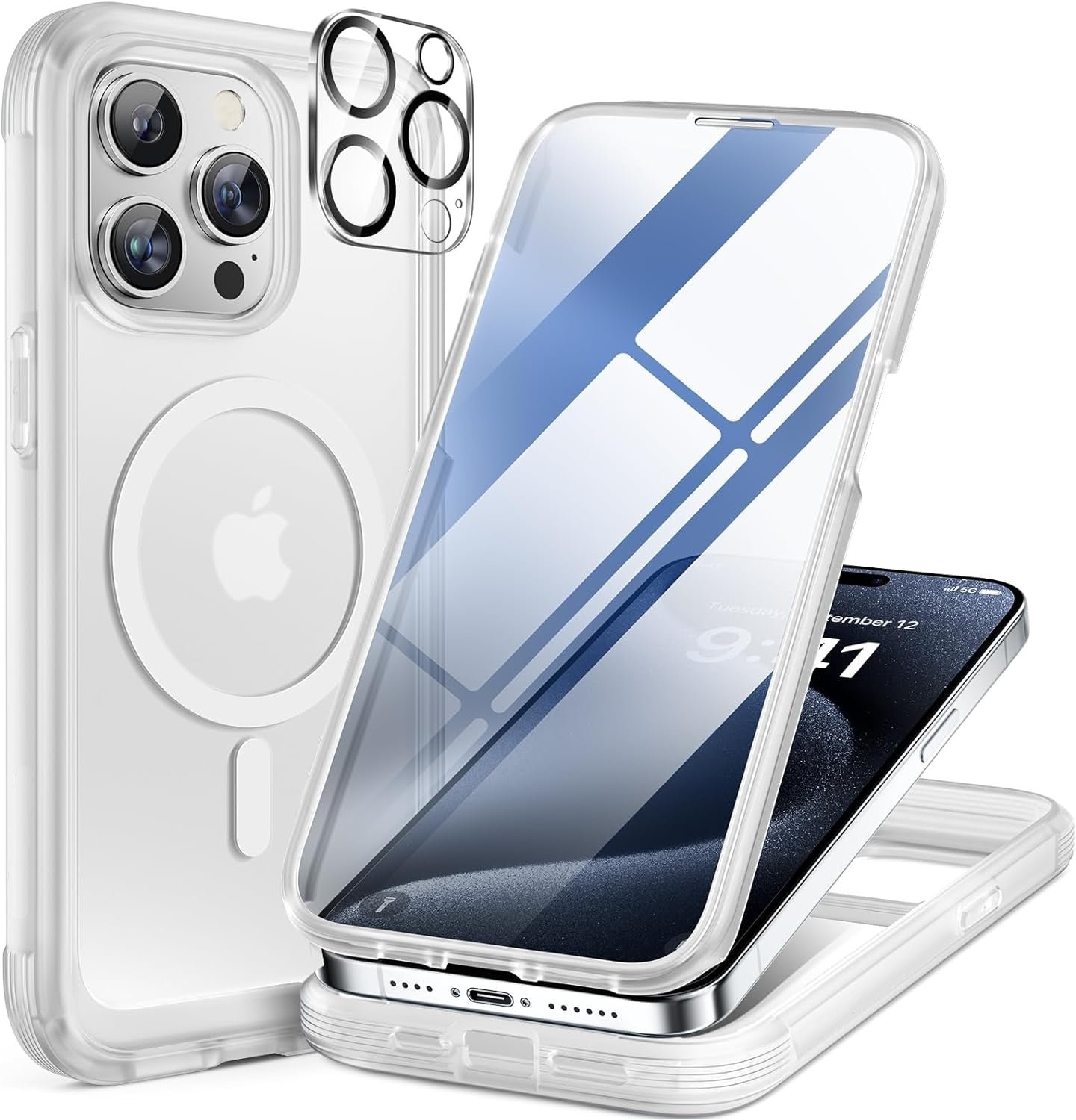 iPhone 15 Pro Max 360° Protection Case [MATTE CLEAR] : Front Screen + Back Cover + Camera Protector