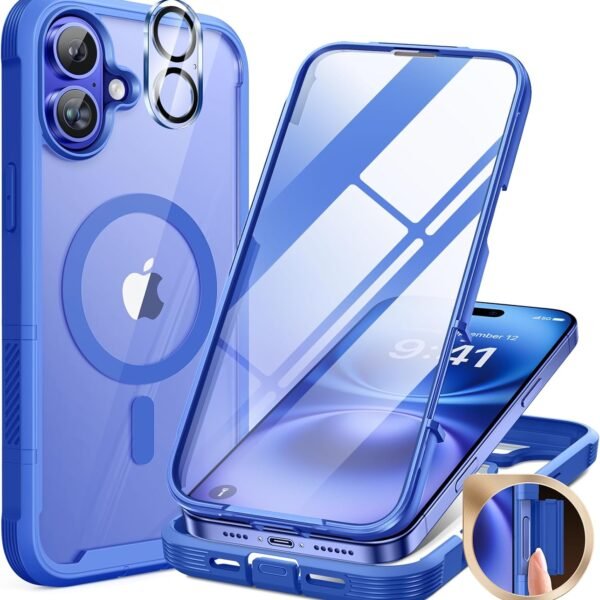 iPhone 16 Plus 360° Protection Case [BLUE] : Front Screen + Back Cover + Camera Protector