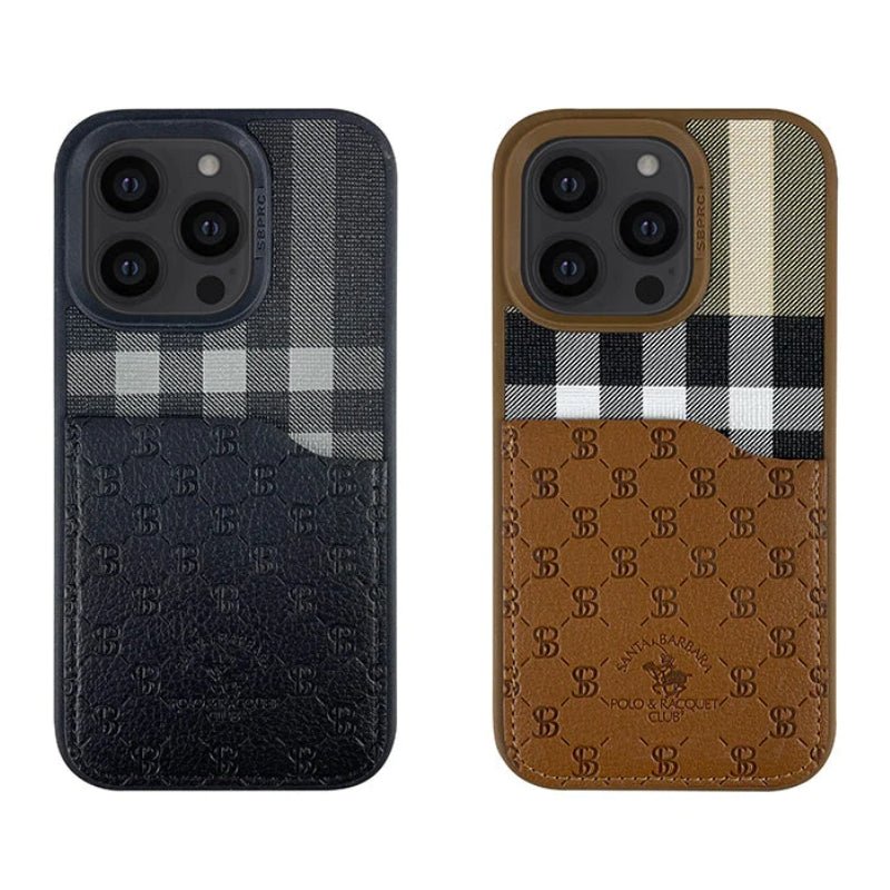 iPhone 14 Plus Cover - Santa Barbara Genuine Leather Card Holder Case Plaid Series